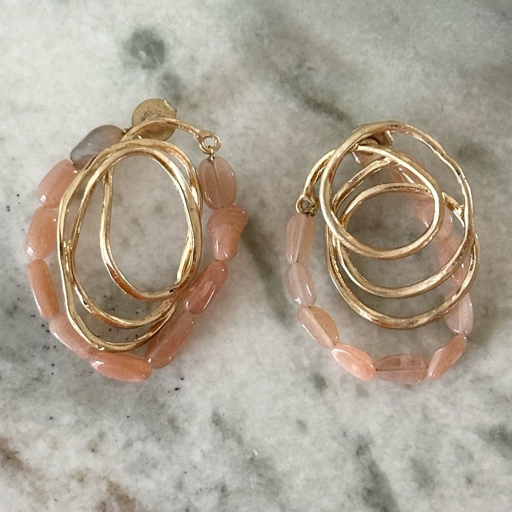 Gold & Pink Beaded Multi Layer Hoop Post Earrings